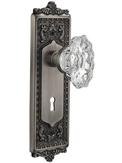 Egg and Dart Design Door Set with Keyhole and Chateau Crystal Glass Knobs in Antique Pewter.